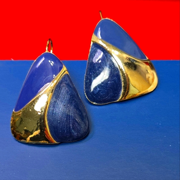Vintage  Gold and Blue Enamel  Earrings - Picture 1 of 16